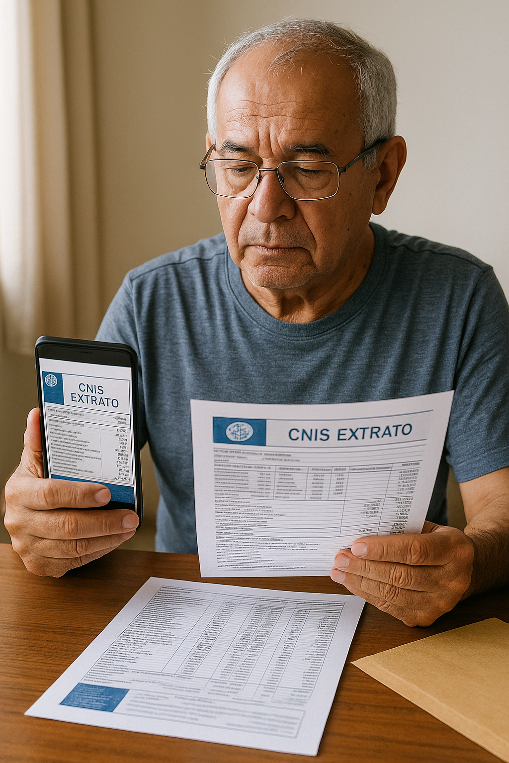 Aposentado analisando o extrato do benefício em um notebook, com expressão preocupada.